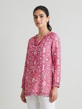 Style & Co. Pink Printed V-Neck Long-Sleeve Linen Tunic Size 12P